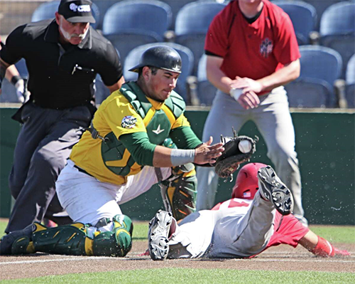 Catcher Ryan Blackwell, MC Chaparral Baseball, on a close play at the plate.